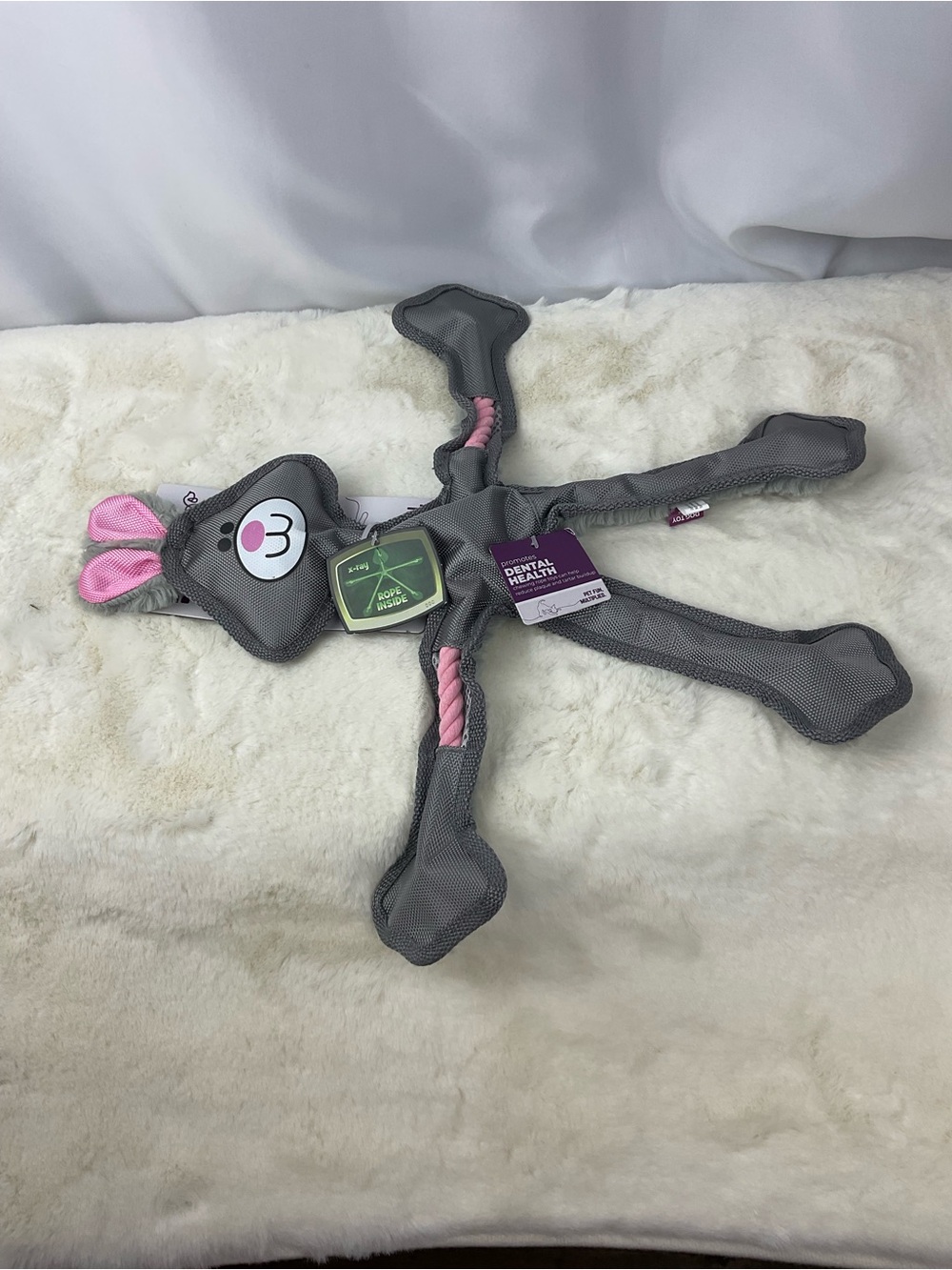 Multipet Skele-Ropes 15” Rabbit Dog Toy Pink Gray Rope Tug Squeaker New